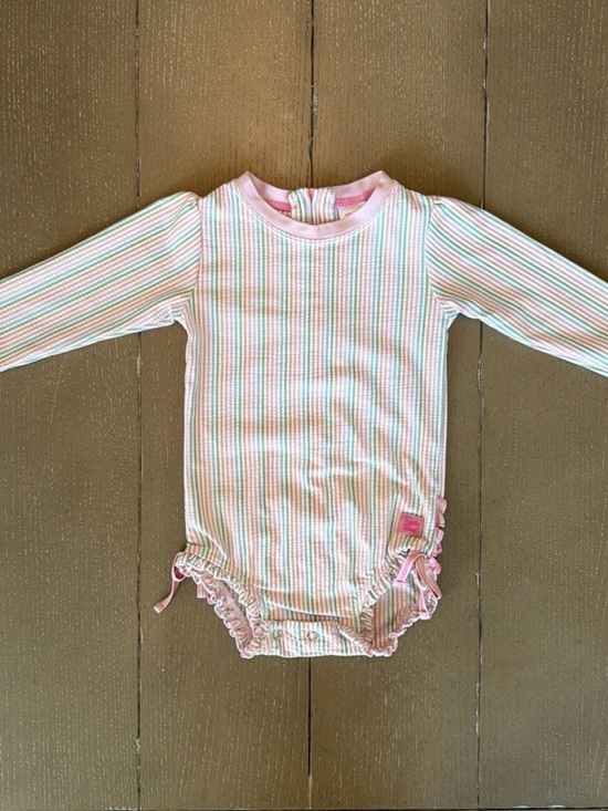 Ruffle Butts Other - Ruffle Butts Girls’ Pink Pastel Seersucker Long-Sleeve Swimsuit • Size: 18-24M